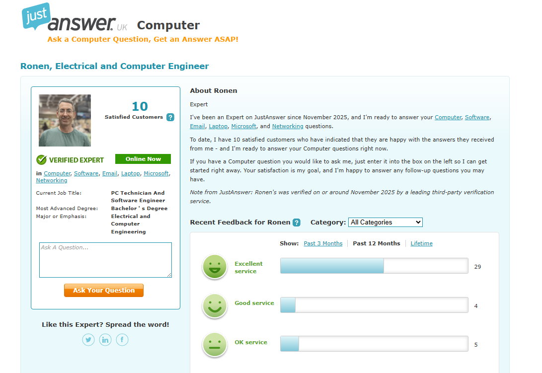 דירוגי מומחה מחשבים של רונן פסטינגר באתר JustAnswer